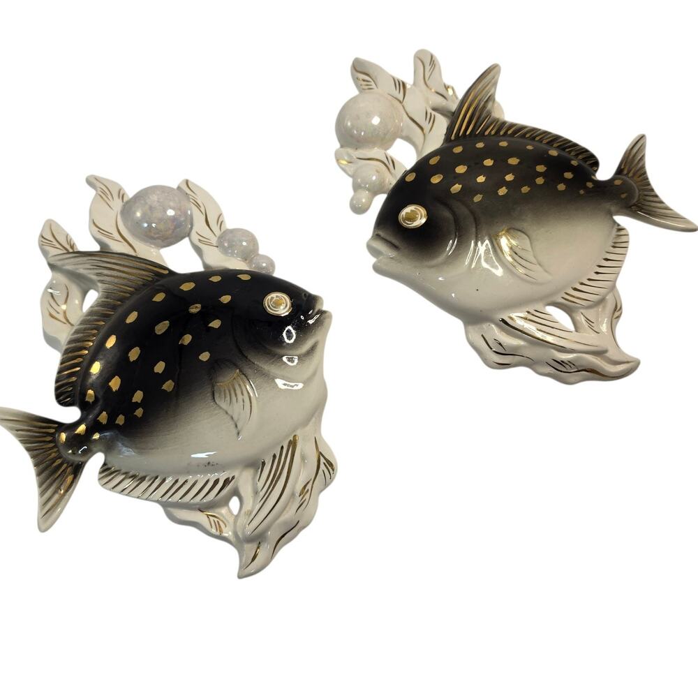 Lefton 2662 Ceramic Fish Wall Plaques Bubbles Black Gold Japan Set MCM Vintage